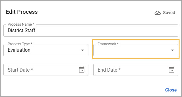 Editing process details for District Staff evaluation, including framework and date fields.